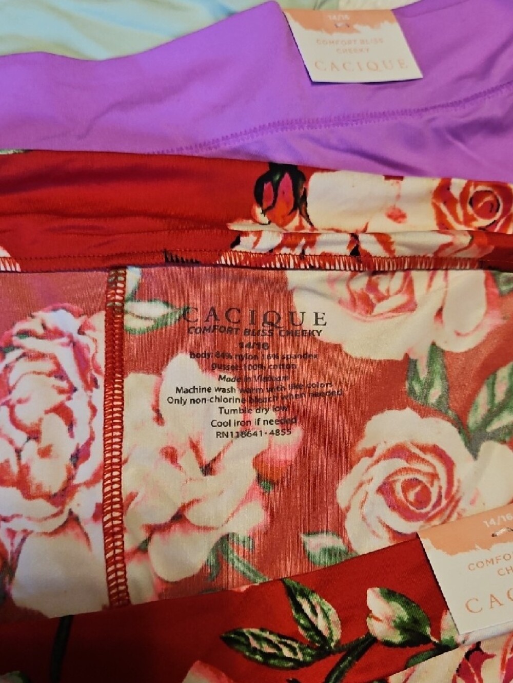 Cacique Three-Pack Hipster Panties in Red Floral, Purple & Mint - Picture 7 of 8